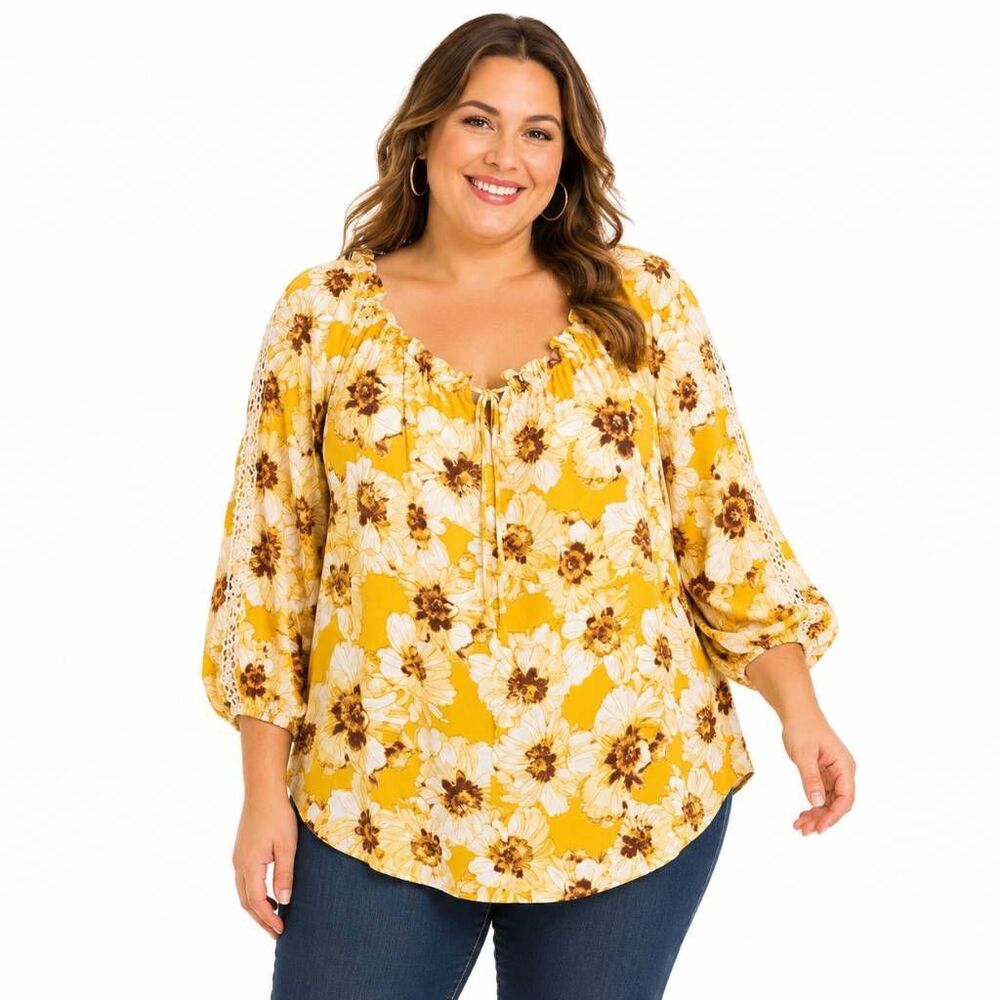 Maurices Women’s Plus Size 2X Yellow Floral Peasant Blouse Crochet Sleeve Detail